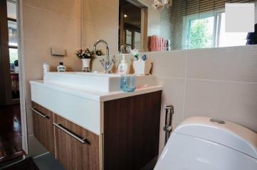 Modern bathroom interior with vanity cabinet and toilet