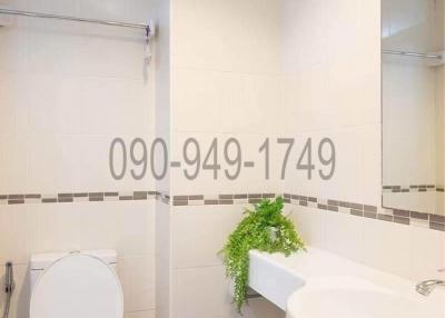 White Tiled Bathroom with Toilet and Bathtub