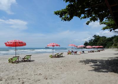 Sunny beachfront with red umbrellas and wooden sun loungers