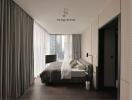 Modern bedroom with a city view and minimalistic design