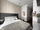 Elegantly designed bedroom with neutral color palette and modern furnishings