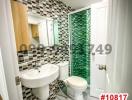 Compact modern bathroom with checkered tiles and green accents