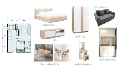 Collage showing building layout and various furniture representing different rooms