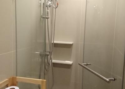 Modern glass-enclosed shower with wall-mounted and handheld showerheads