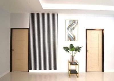 Modern interior design with two doors, decorative wall panel, and an ornamental plant