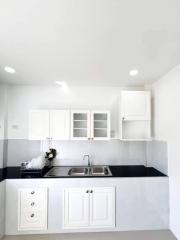 Modern kitchen with white cabinetry and black countertop