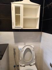 Modern bathroom interior with wall-mounted cabinet and toilet