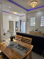 Modern dining area with ambient lighting