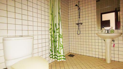Bright bathroom interior with white tiles and green shower curtain