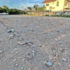 Empty residential lot with clear ground and scattered rocks