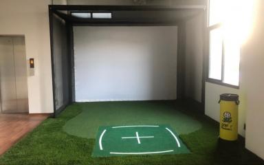 Indoor golf simulation room with artificial turf