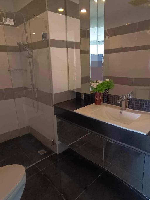 Modern bathroom with walk-in shower and large mirror