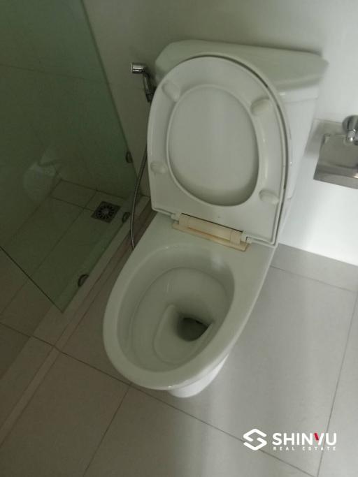 White ceramic toilet in a small bathroom