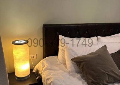 Cozy bedroom with bedside lamp and dark headboard