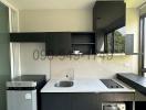 Modern kitchen with black cabinetry and stainless steel appliances