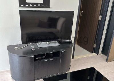 Modern living room interior with television and glossy black cabinets