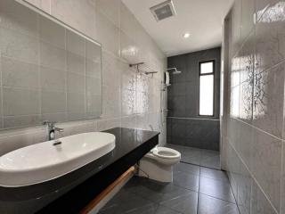 Modern bathroom with large basin, toilet, and tiled walls