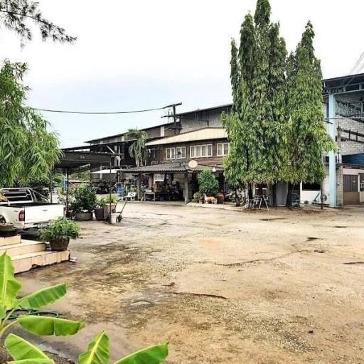 Spacious outdoor area with trees and parking space