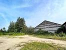 Spacious open land near a large building under a clear blue sky