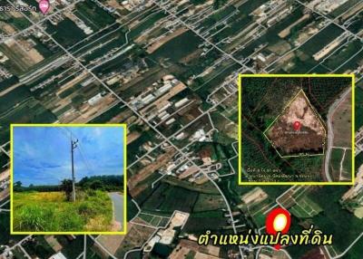 Aerial view of a property land plot with marked boundaries and a close-up insert of the terrain