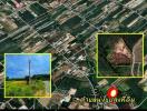 Aerial view of a property land plot with marked boundaries and a close-up insert of the terrain