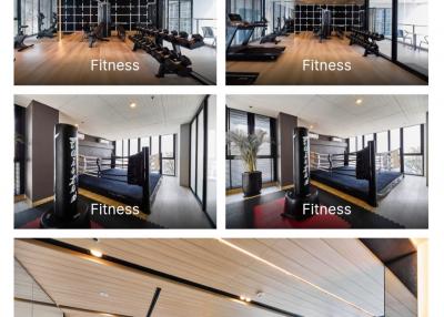 Modern fitness center in high-rise building with workout equipment and city views