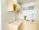 Compact modern kitchen with light wood cabinets and stainless steel sink