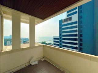 Spacious balcony with city and water views