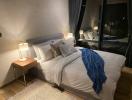 Cozy modern bedroom at night with ambient lighting