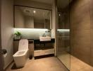 Modern bathroom with glass shower enclosure and LED lighting