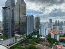 Panoramic view of a bustling city with skyscrapers and residential buildings under a cloudy sky