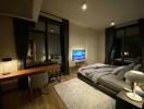 Cozy modern bedroom with large bed and ambient lighting