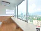 Modern office space with large windows and city view