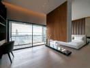 Modern bedroom with large window and city view