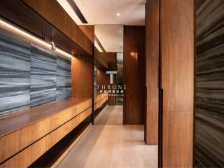 Modern corridor interior with wood paneling and designer lighting