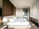 Modern bedroom with wooden accent wall and marble detailing