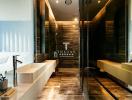 Modern bathroom interior with elegant fittings and marble finish