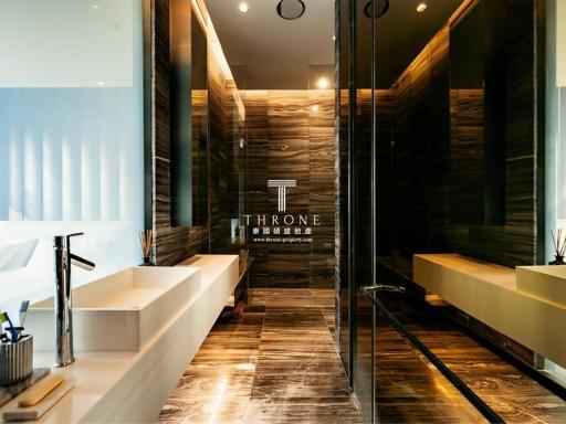 Modern bathroom interior with elegant fittings and marble finish