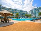 Residential building with pool and lounging area