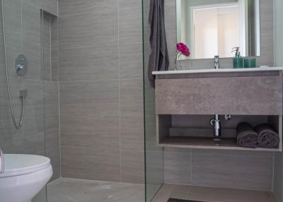 Modern bathroom interior with glass shower and elegant sink