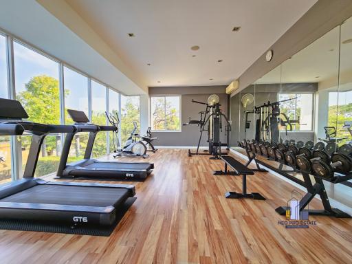 Home gym with modern equipment and large windows
