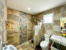 Modern tiled bathroom with walk-in shower and window