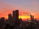 Scenic cityscape at sunset with modern buildings and vibrant sky