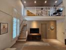 Contemporary two-story living room interior with mezzanine and modern furnishings