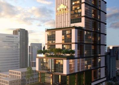 Modern high-rise residential building with balconies and rooftop gardens at dusk