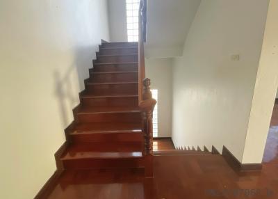 Wooden staircase with polished steps and balustrade inside a house