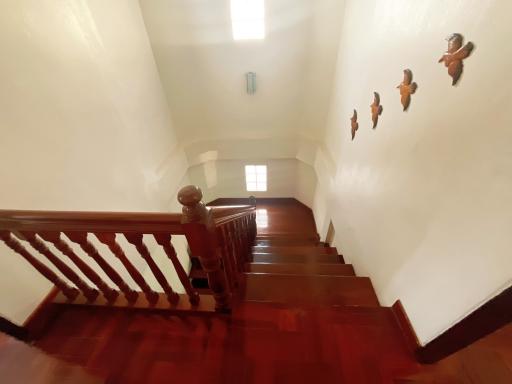 Warm-toned wooden staircase with decorative wall elements