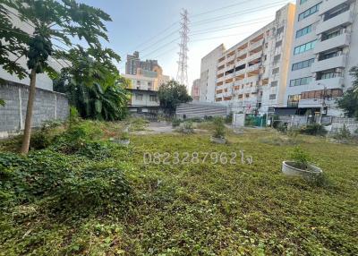 Urban lot with overgrown vegetation surrounded by residential buildings