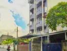 Modern multistory residential building exterior with balconies under a clear blue sky