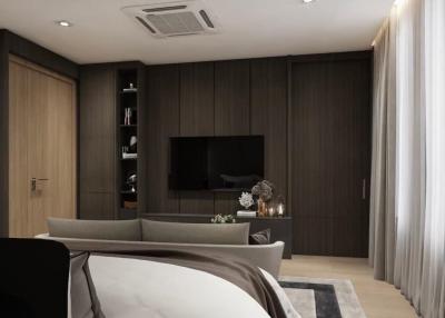 Modern living room with dark wood finish and contemporary furniture